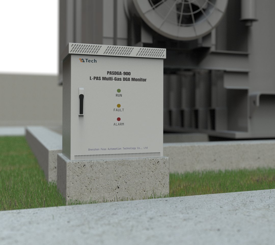 DGA-900 multi-gas DGA monitor installed at an outdoor substation next to a power transformer